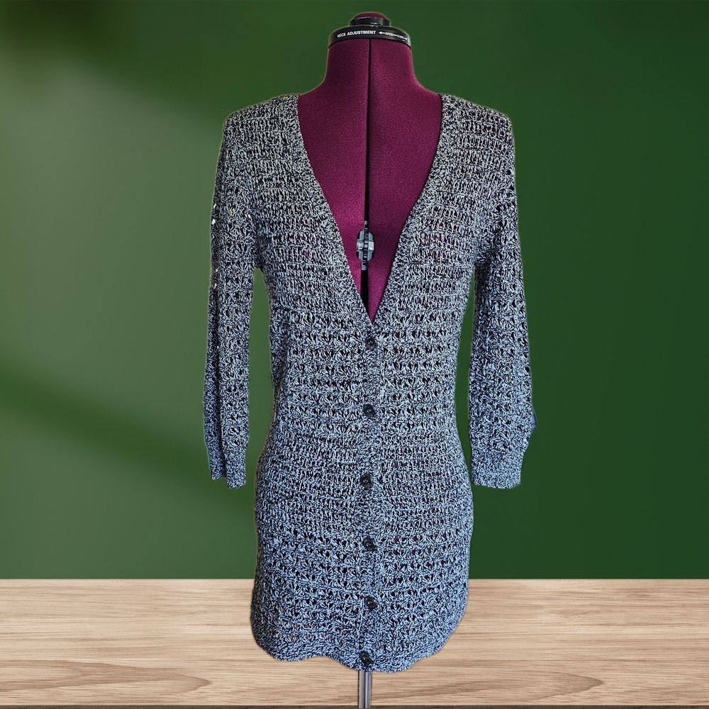 DKNY Loose Knit Deep V Neck Black White Buttoned Cardigan DKNY